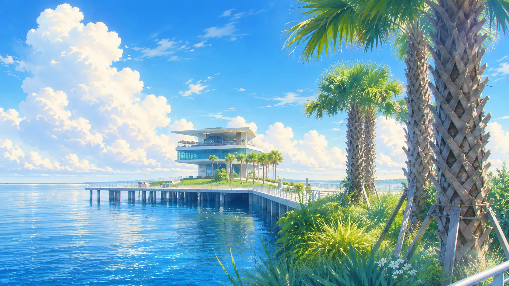 Illustration of the St. Pete Pier reaching out over Tampa Bay on a clear day