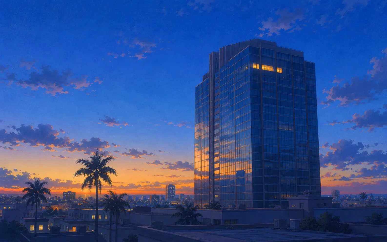 A glass office tower at dusk viewed from a nearby rooftop, dark except for one upper floor lit warm gold, with the last of the sunset along the horizon behind it