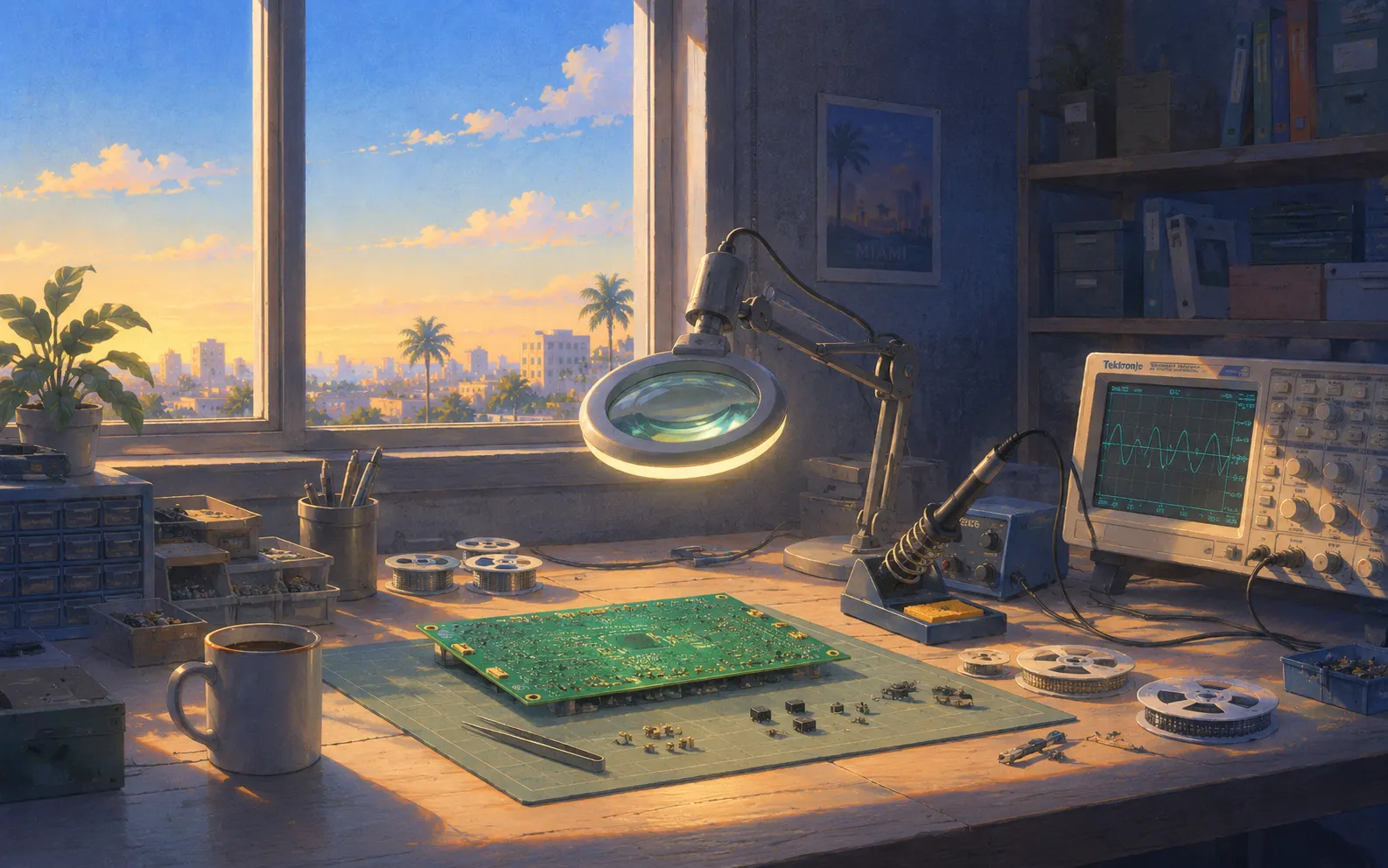 An electronics workbench in early morning light, holding a bare circuit board on a cutting mat beneath a magnifier lamp, a soldering iron, an oscilloscope, component reels, and a mug, with a city skyline visible through the window