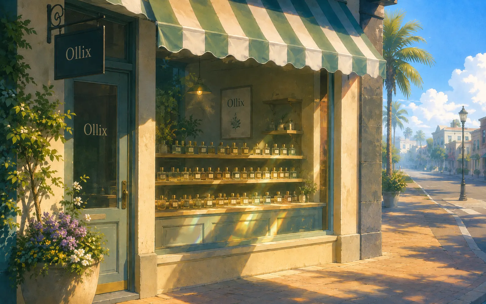 A perfume shop front in bright morning sun, with ranked glass bottles on the display shelves casting colored light across the counter, a striped awning above, and a planter of flowers beside the door