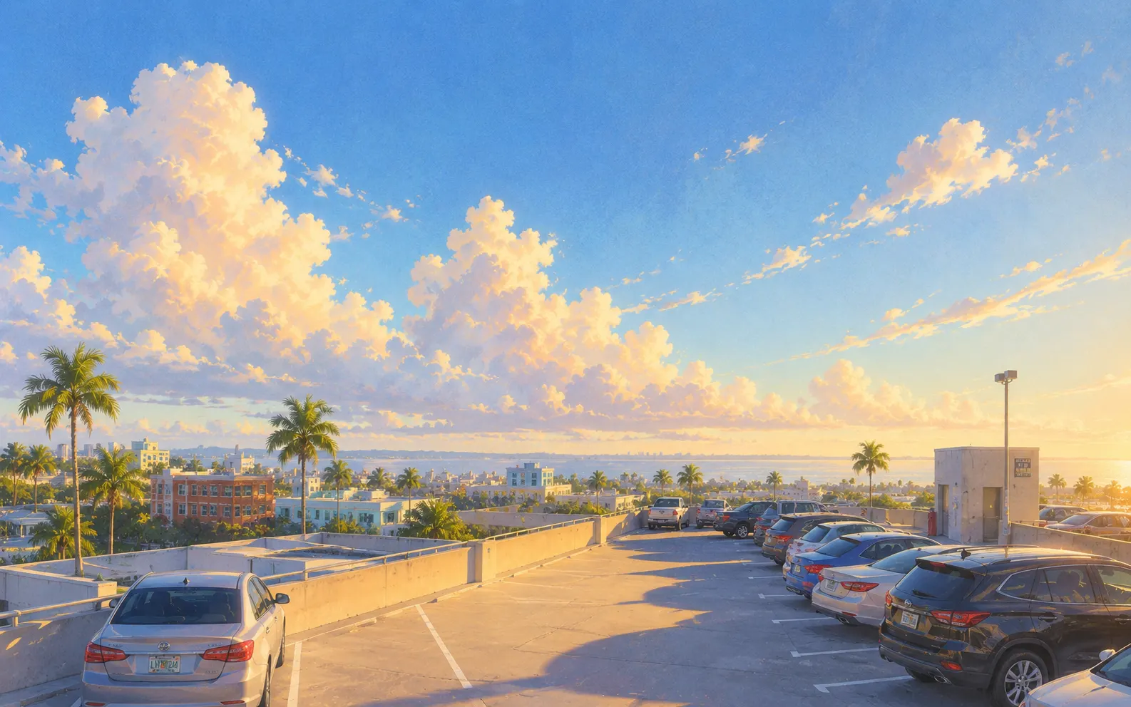 The roof deck of a downtown parking garage at golden hour, with cars ranked along one side, a single empty space in the foreground, and the bay and the skyline beyond
